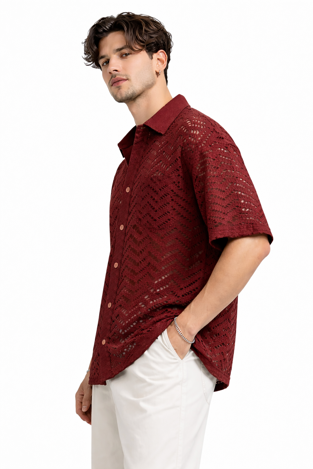 Men's Wine Red Crochet Shirt | Vintage Short Sleeve Summer Button-Down
