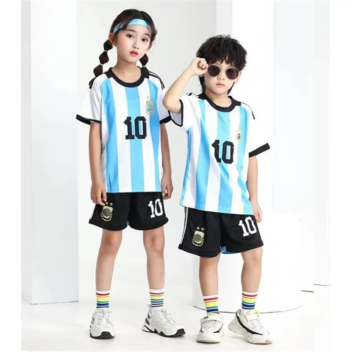 Argentina National Team Home Football Kit - Kids Junior Soccer Jersey & Shorts Set