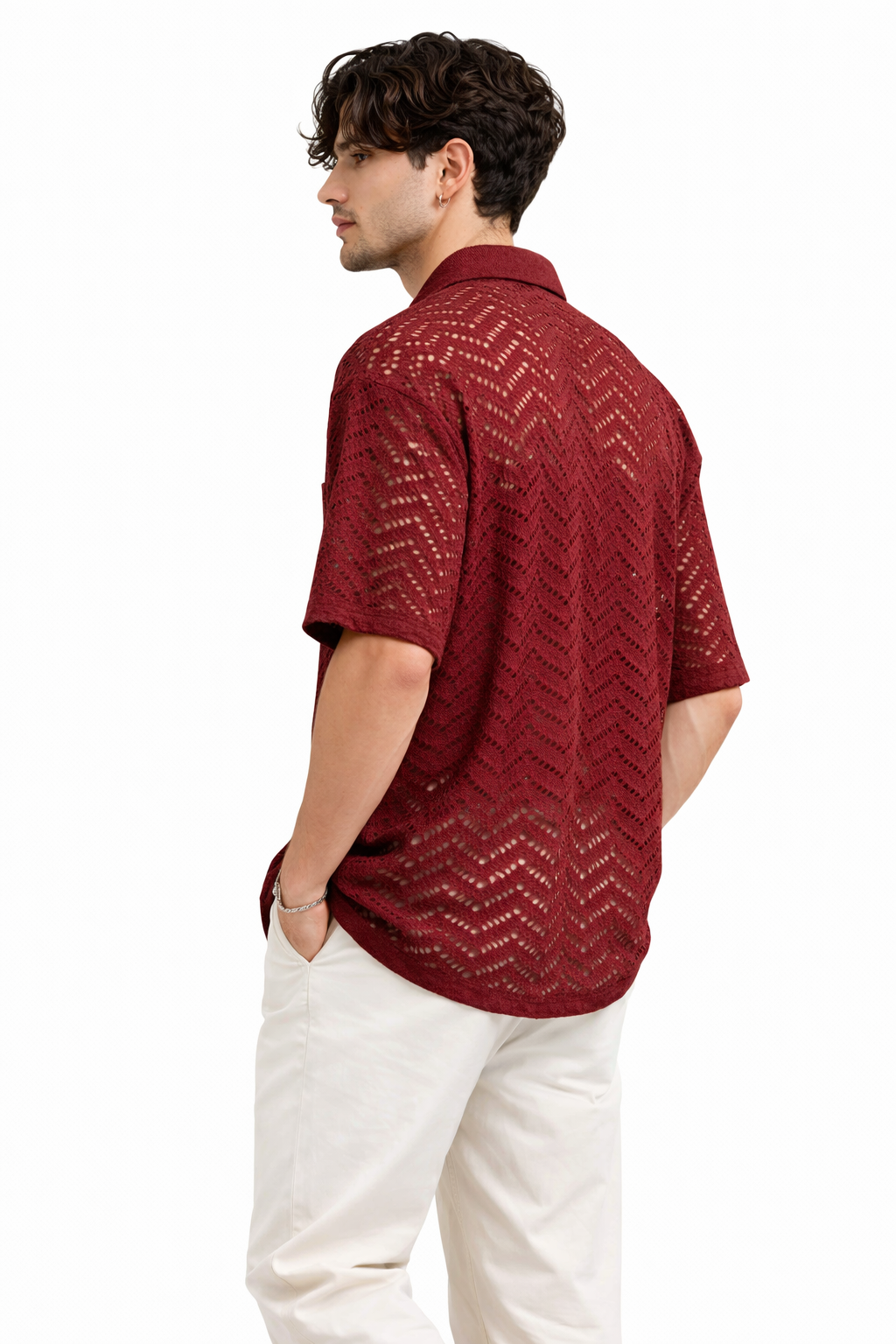 Men's Wine Red Crochet Shirt | Vintage Short Sleeve Summer Button-Down
