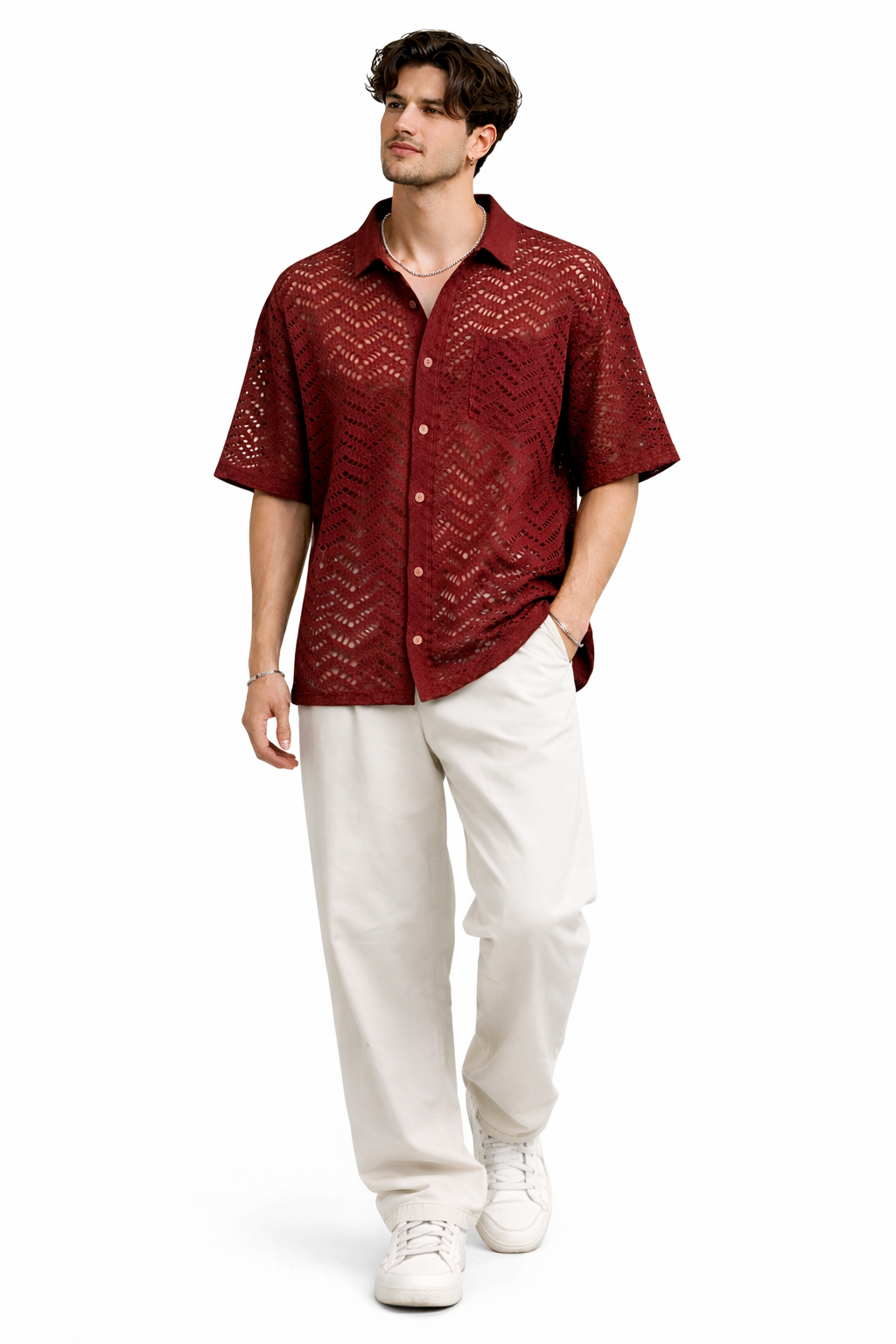 Men's Wine Red Crochet Shirt | Vintage Short Sleeve Summer Button-Down