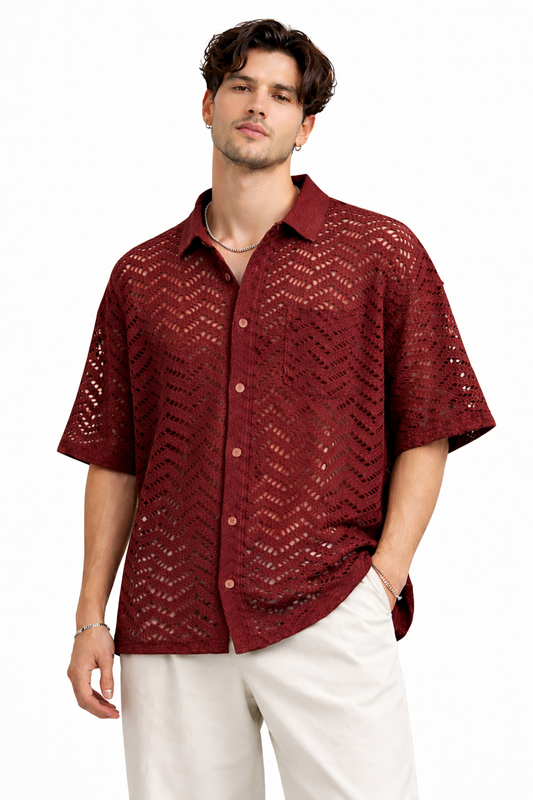 Men's Wine Red Crochet Shirt | Vintage Short Sleeve Summer Button-Down