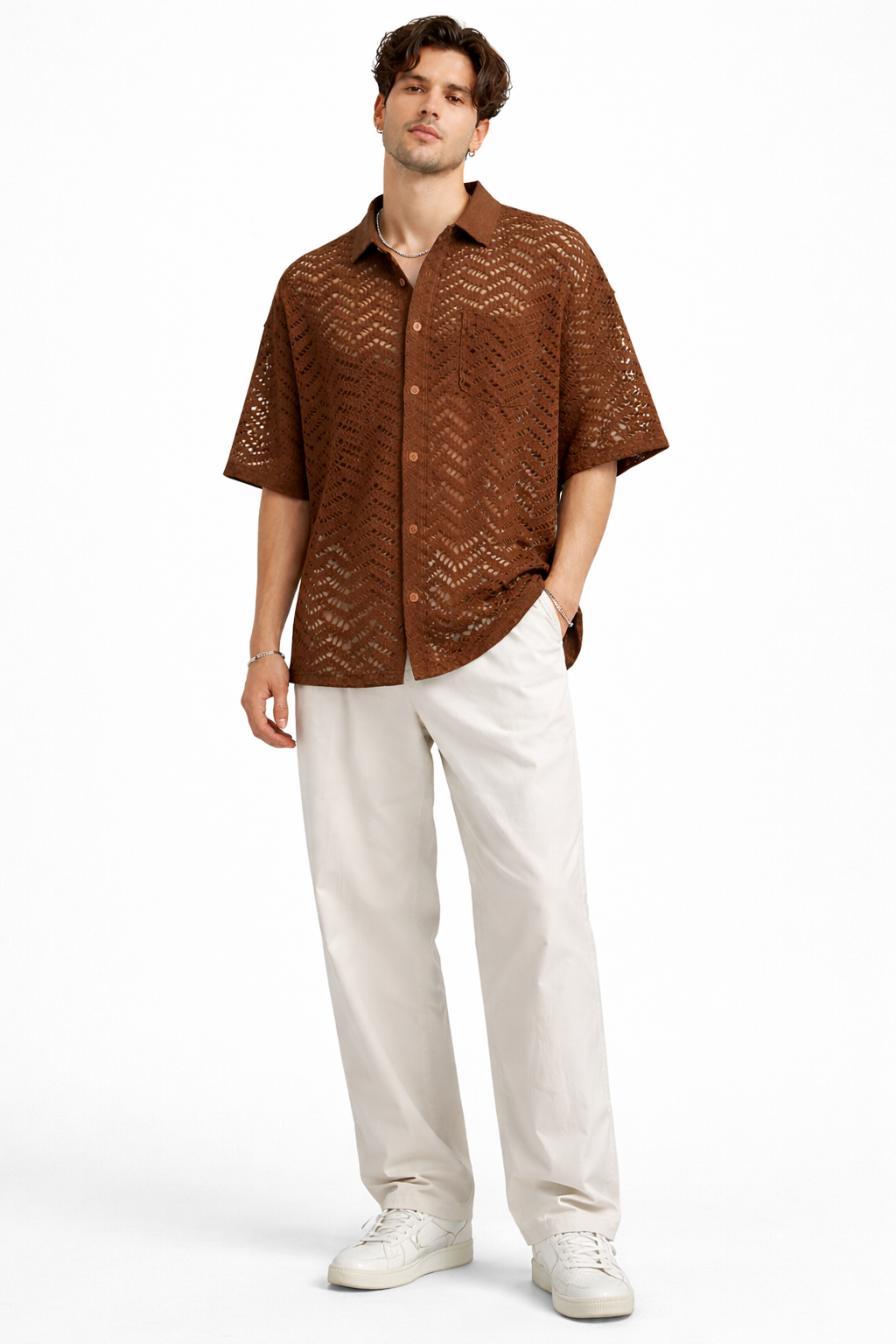 Cocoa Brown Crochet Knit Shirt – Breathable Open-Knit Button-Up