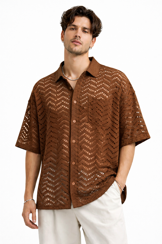 Cocoa Brown Crochet Knit Shirt – Breathable Open-Knit Button-Up
