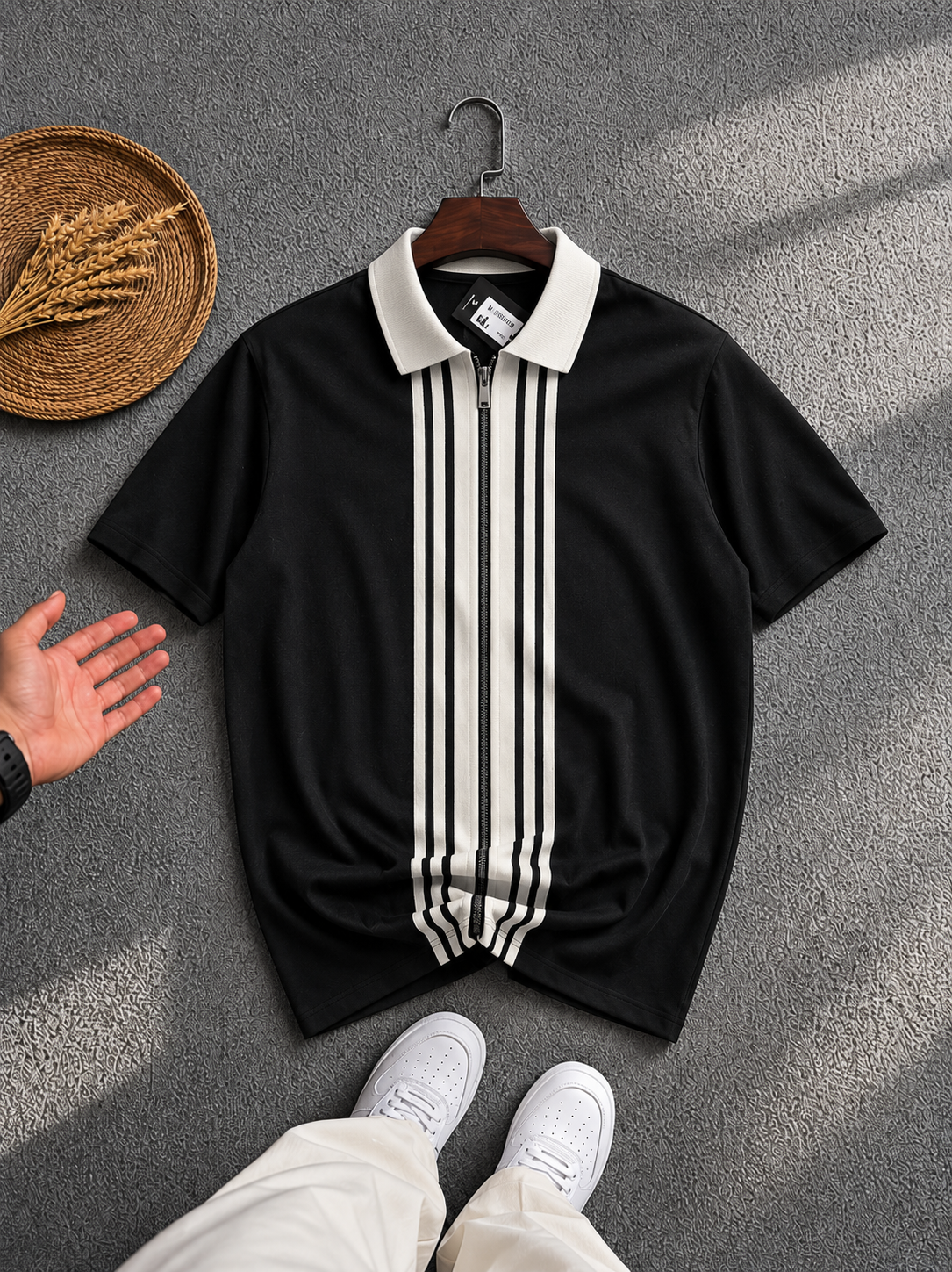 Aura Black Striped Zip Polo Shirt – Breathable Knit Collar Top
