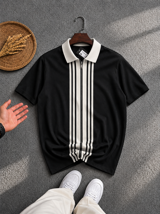Aura Black Striped Zip Polo Shirt – Breathable Knit Collar Top