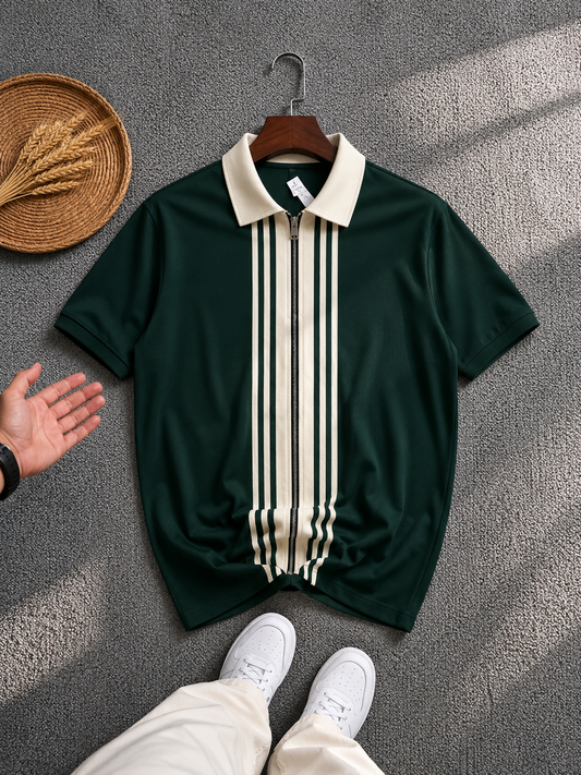 Olive Green Striped Zip Polo Shirt – Breathable Knit Collar Top