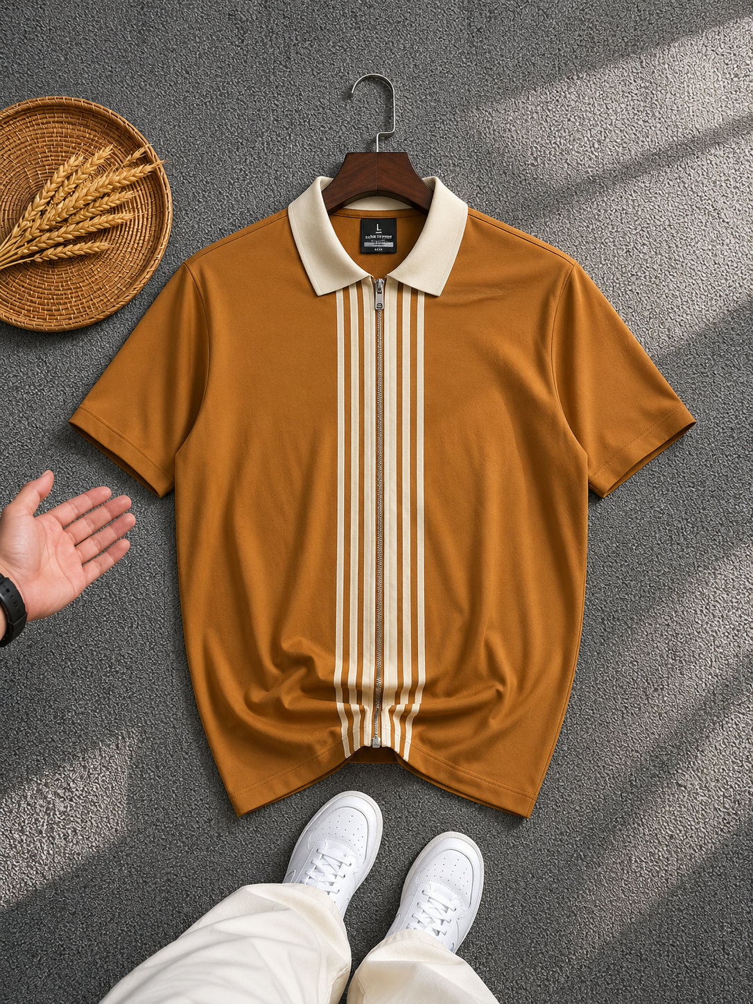 Camel Brown Striped Zip Polo Shirt – Breathable Knit Collar Top