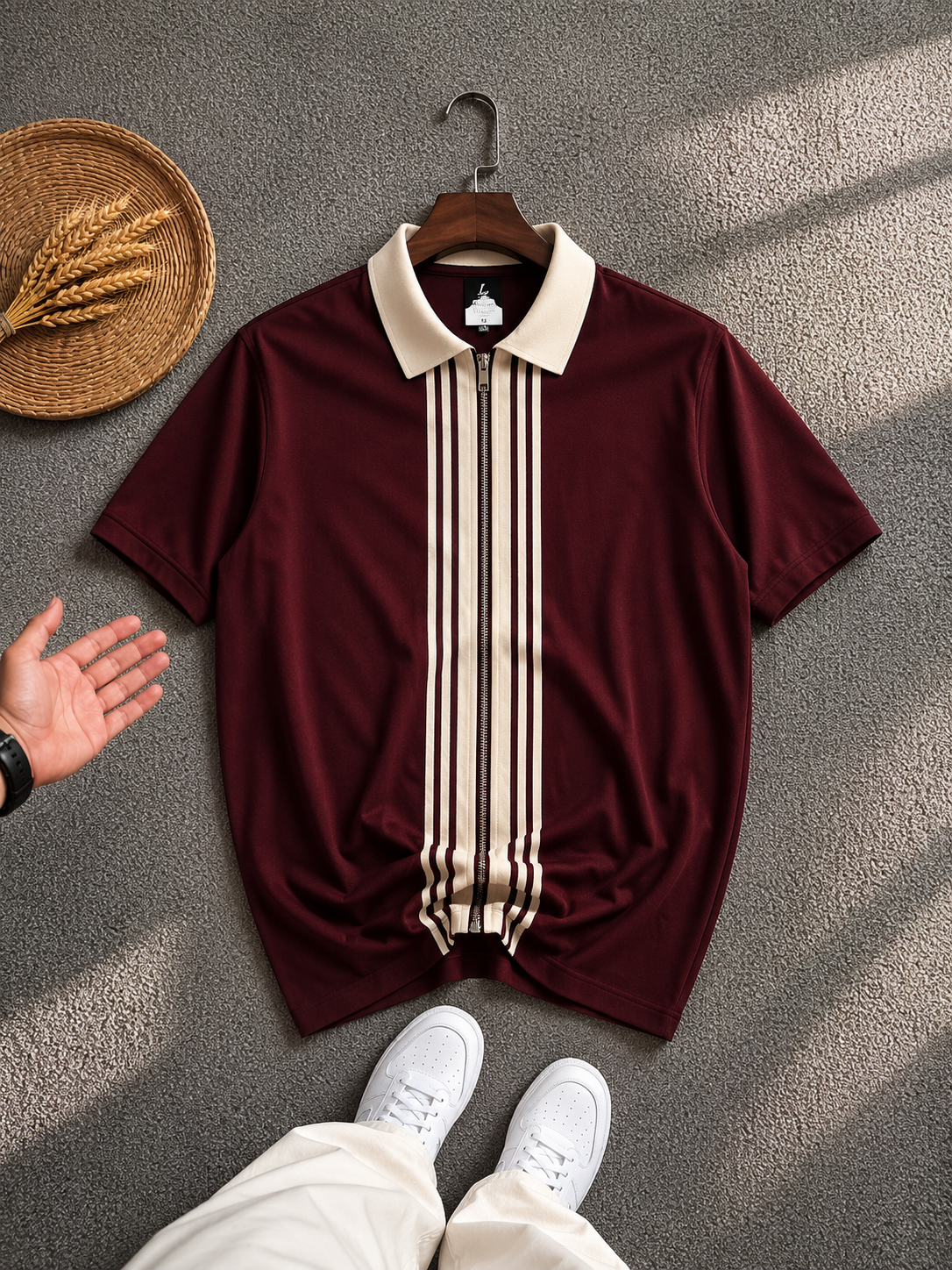 Maroon Striped Zip Polo Shirt – Breathable Knit Collar Top