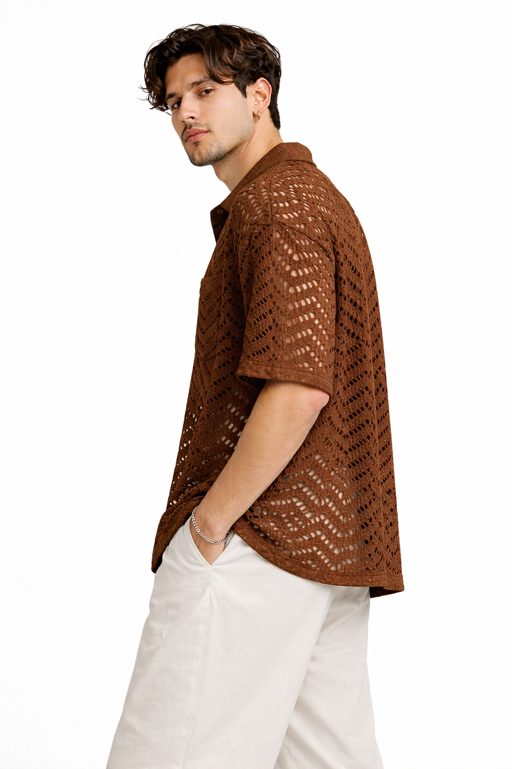 Cocoa Brown Crochet Knit Shirt – Breathable Open-Knit Button-Up