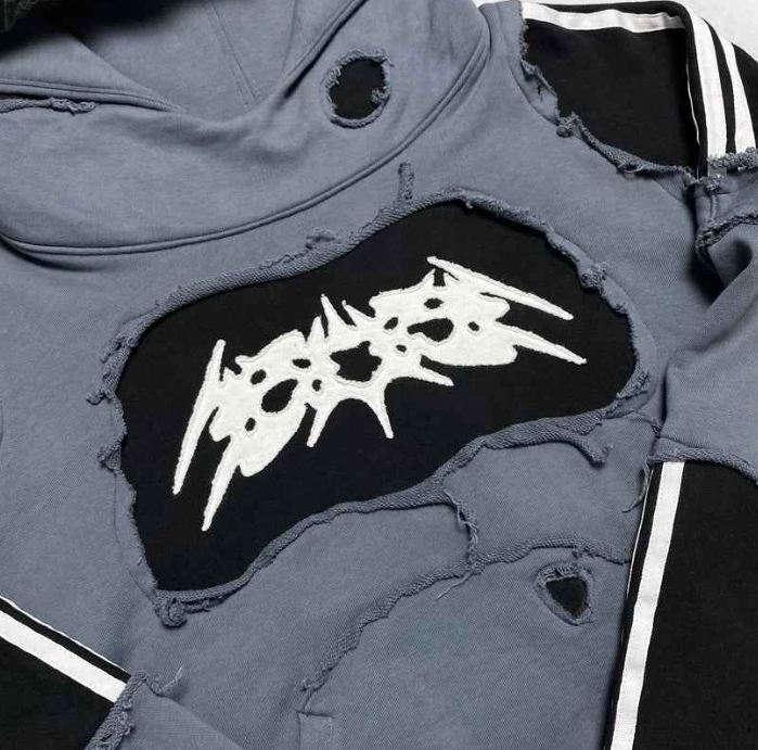 Men’s Distressed Striped Hoodie – Grey & Black Ripped Streetwear Pullover