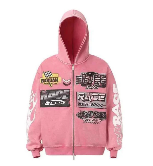 Men’s Pink Washed Racing Zip-Up Hoodie – Vintage Motorsport Melbourne & NYC Streetwear