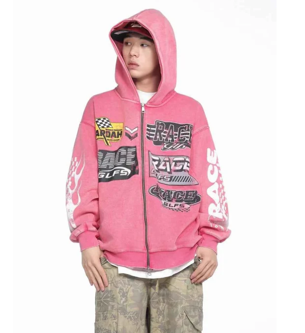 Men’s Pink Washed Racing Zip-Up Hoodie – Vintage Motorsport Melbourne & NYC Streetwear