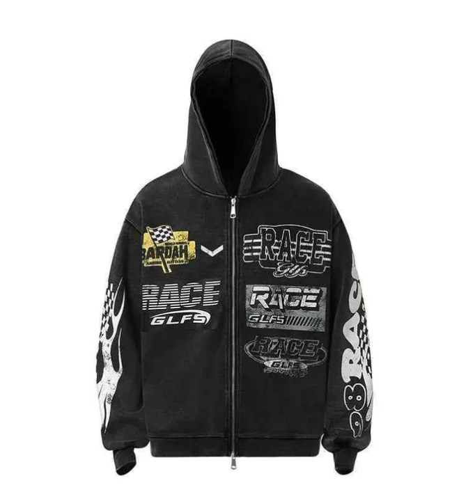 Unisex Black Washed Racing Zip-Up Hoodie – Vintage Motorsport Melbourne & NYC Streetwear