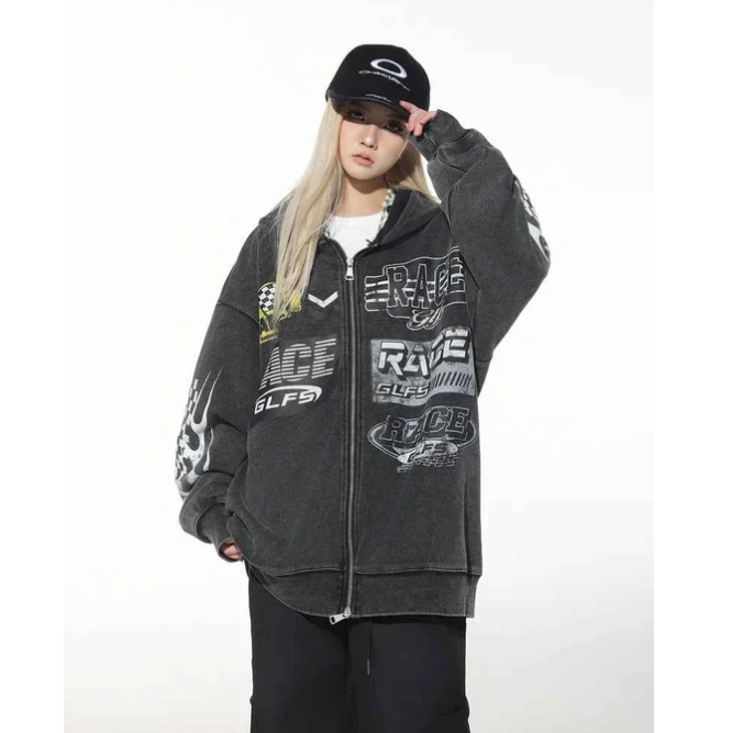 Unisex Black Washed Racing Zip-Up Hoodie – Vintage Motorsport Melbourne & NYC Streetwear